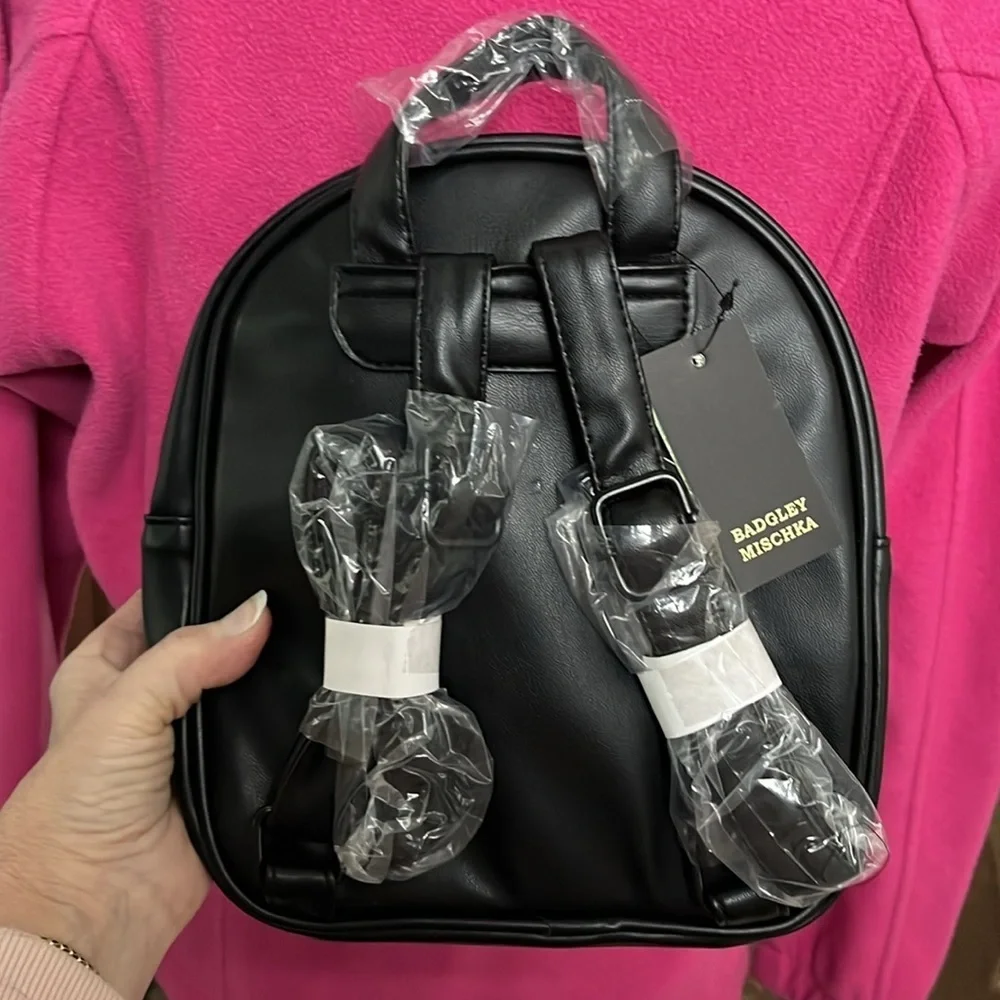 Badgley Mischka   Mini Backpack  Black Vegan Leather  Quilted Puffer front pocke
